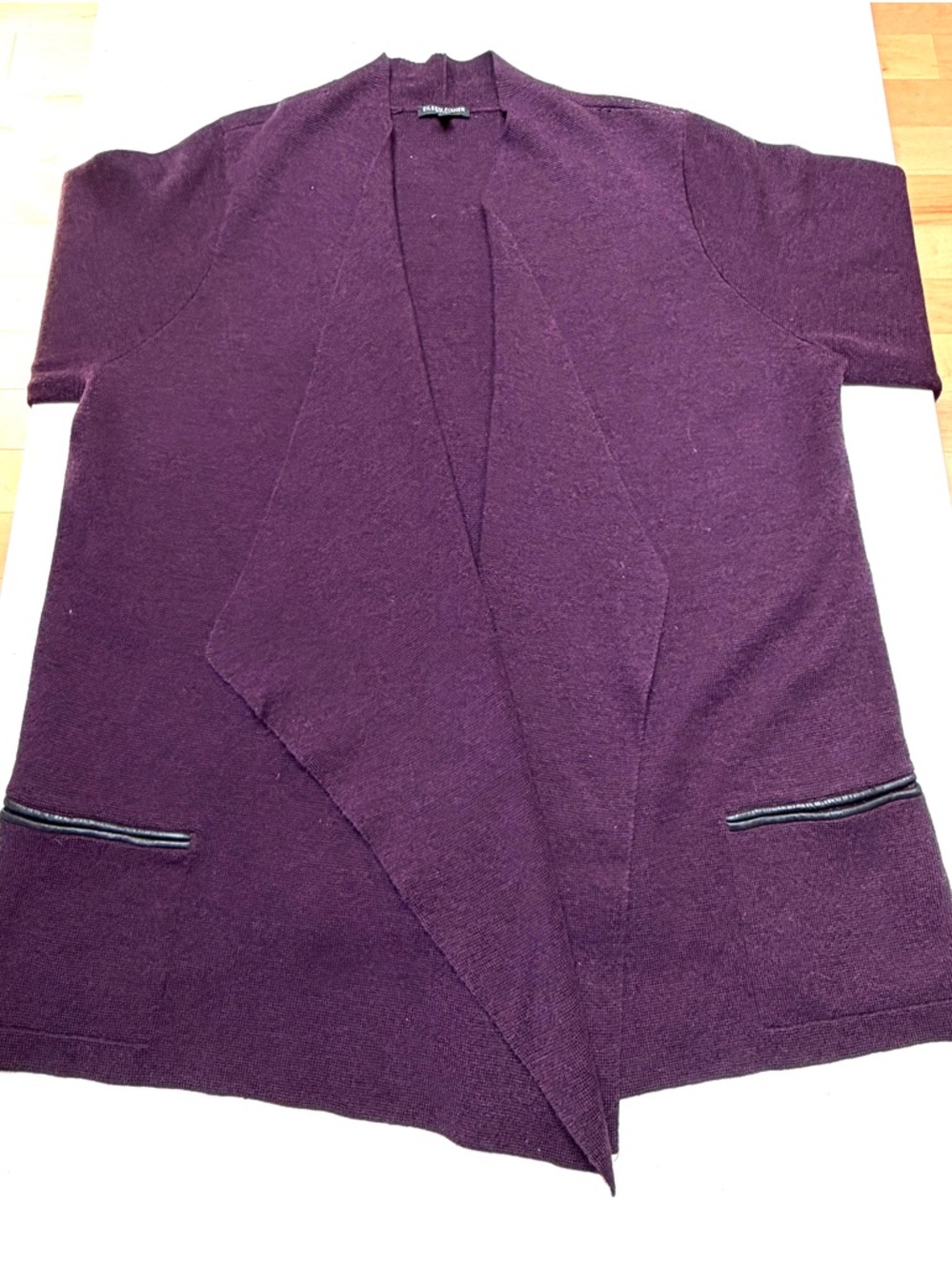 Eileen Fisher Long Cardigan Sweater - Deep Plum Wool w/ Leather Trim